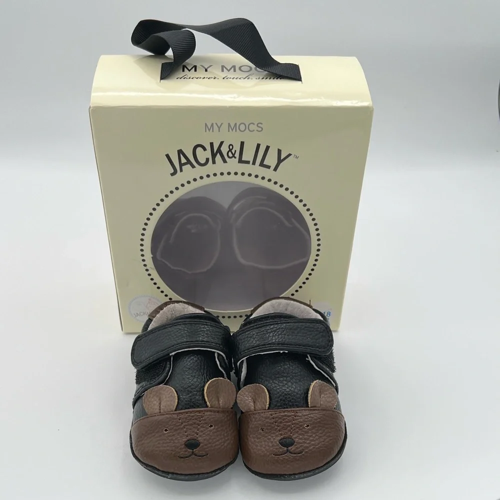 Jack & Lily “My Mocs” Leather Bear Shoes – Size 12–18 Months – With Box